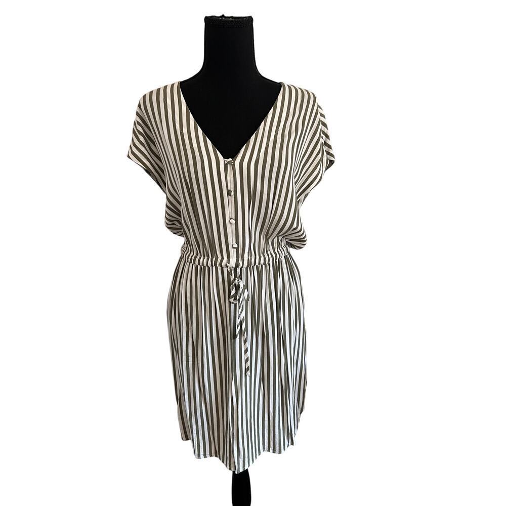 h&m White & Green Vertical Stripe Short Sleeve Drawstring Waist Midi Dress - 4 - Picture 2 of 12